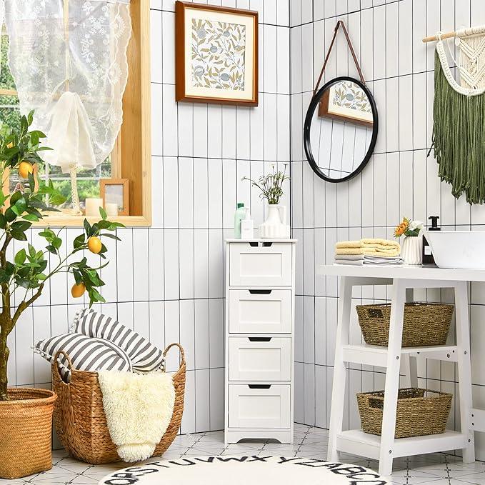 Tangkula Bathroom Floor Cabinet with 4 Drawers, 12 x 12 x 32 Inch, Freestanding Storage for Bath Living Room, Wooden Bathroom Cabinet for Home Office (White) - ModernBath
