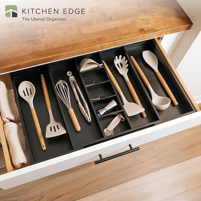KitchenEdge Adjustable Kitchen Drawer Organizer for Utensils and Junk, Food-Safe Contract Grade with 100% Sustainable Wood, Expandable from 16 to 28 Inches Wide - Black Bamboo - ModernBath