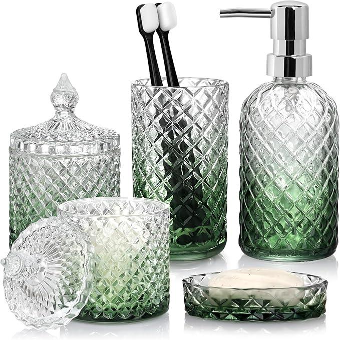 Ulable Bathroom Accessories Set, 5Pcs Bathroom Soap Dispenser Set, Glass Bathroom Accessories with Glass Soap Dispenser, Soap Dish, Toothbrush Holder, Tumbler, Cotton Swab Jar (Gradient Clear & Green) - ModernBath