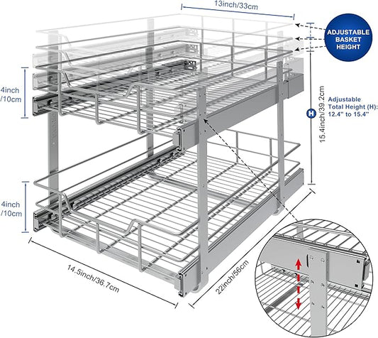 2 Tier Pull Out Cabinet Organizer 15" W X 22" D, Slide Out Drawers For Kitchen Cabinets, Pull Out Drawers For Cabinets Capacity Heavy Duty Caddy, Cabinet Pullout Shelves Chrome-Plated,Bathroom Pantry | Slide Out Drawers, For Kitchen Cabinets, Heavy Dut...