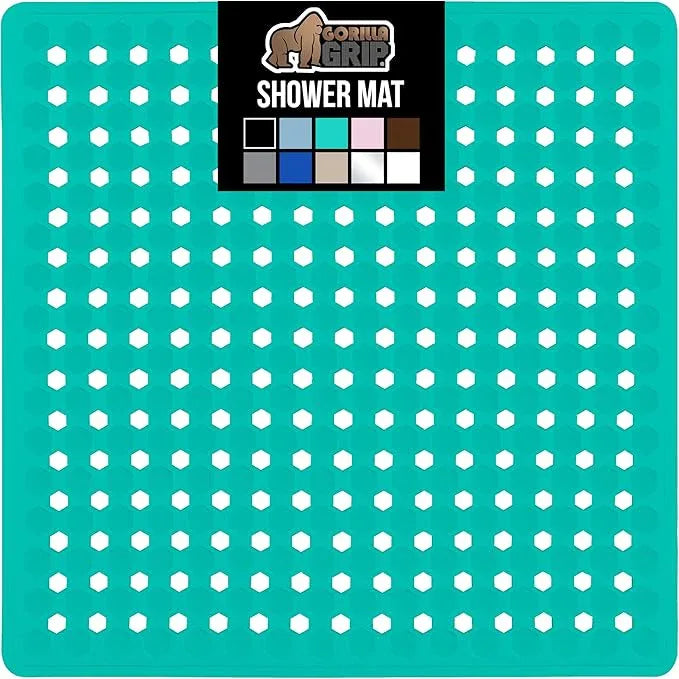 GORILLA GRIP Patented Square Shower Stall Mat, Small Bathtub Floor Mats for Stand Up Showers, Suction Cups and Drain Holes, Machine Wash, Soft on Feet, Bathroom Accessories 21x21 Inch Turquoise Opaque - ModernBath