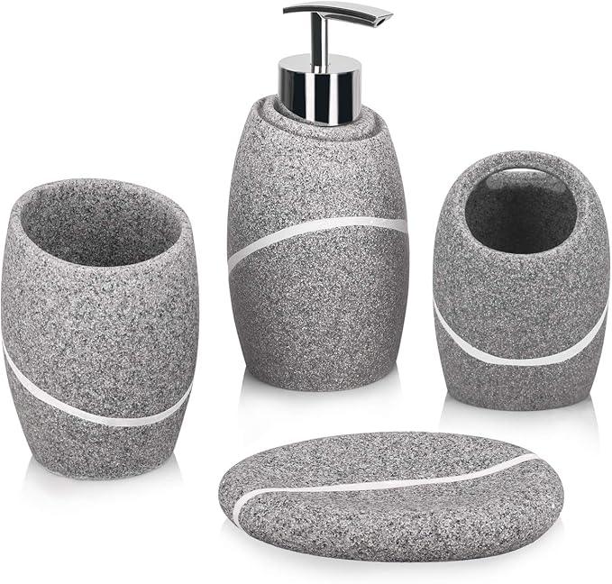 Bathroom Accessory Set,4 Pieces Bathroom Decor Accessories Complete Set Vanity Countertop Accessory Set,Includes Bathroom Soap Dispenser Set,Toothbrush Holder Set,Tumbler,Soap Dish,Grey Granite - ModernBath