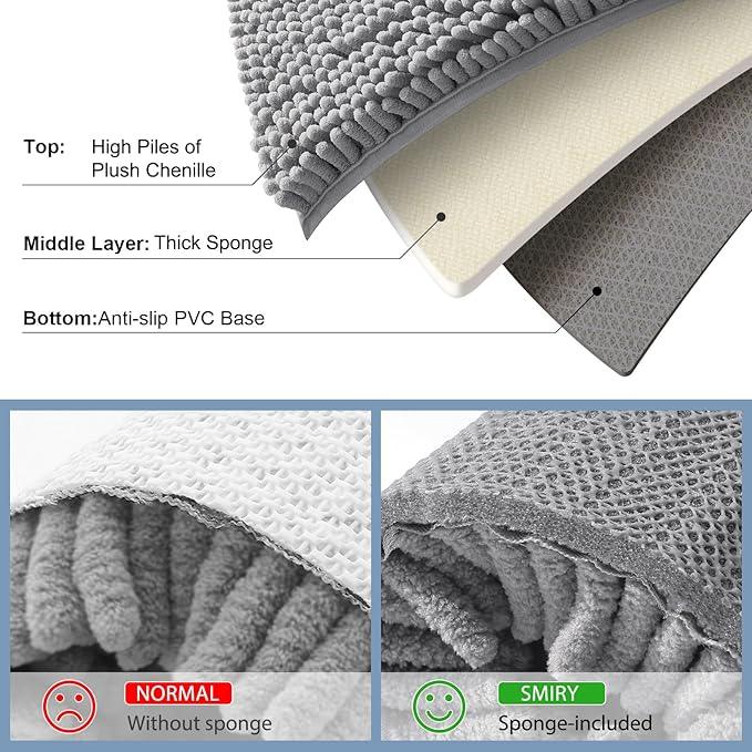 Smiry Luxury Chenille Bathroom Rugs 59x35, Extra Soft and Absorbent Shaggy Bath Mat, Machine Washable, Non-Slip Plush Carpet Runner for Tub, Shower, and Floor, Home Decor Accessories, Grey - ModernBath