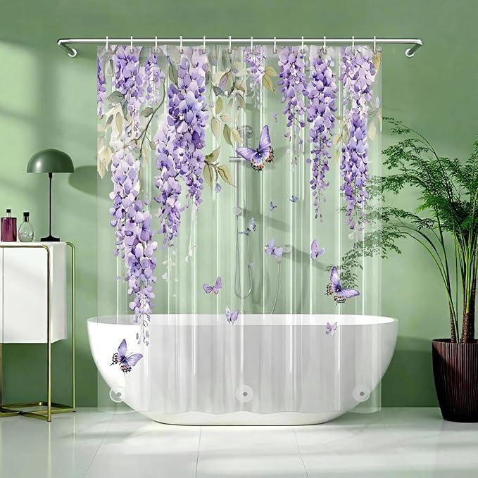 Clear Purple Floral Lavender Butterfly Shower Curtain, Plastic Transparent Cute Pretty Flower Decorative Aesthetic Shower Curtains for Bathroom, 72x78 Weighted Magnetic Shower Curtain Liner with Hooks - ModernBath