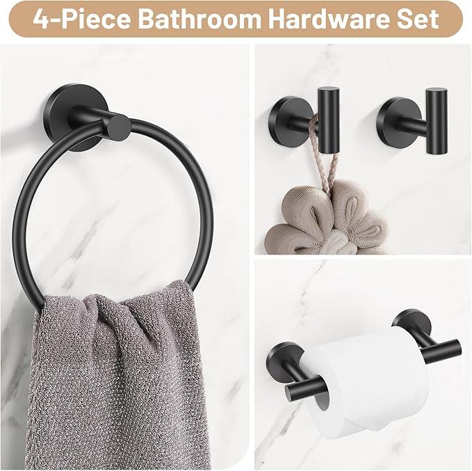 Black Bathroom Hardware Set, 4-Piece Towel Holder Set Include Double Bases Toilet Paper Holder,Towel Ring and 2 Towel Hooks Stainless Steel Wall Mounted Bathroom Hardware Accessories Set - ModernBath