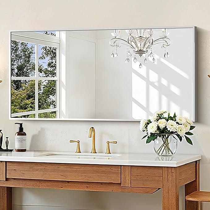 KOCUUY Silver Bathroom Mirror, 48"x24" Rectangle Bathroom Mirror for Wall, HD Tempered Glass, Anti-Rust Brushed Silver Frame, Modern Design for Bathroom, Bedroom, Living Room, Entryway. - ModernBath