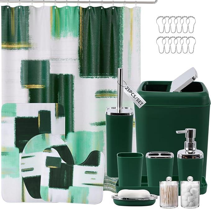 XLHOMO Bathroom Set - Dark Green Bathroom Accessories Set, Bathroom Sets with Shower Curtain and Rugs, Green Shower Curtain Set with Bathroom Trash Can, Soap Dispenser, Soap Dish for Home Decor - ModernBath