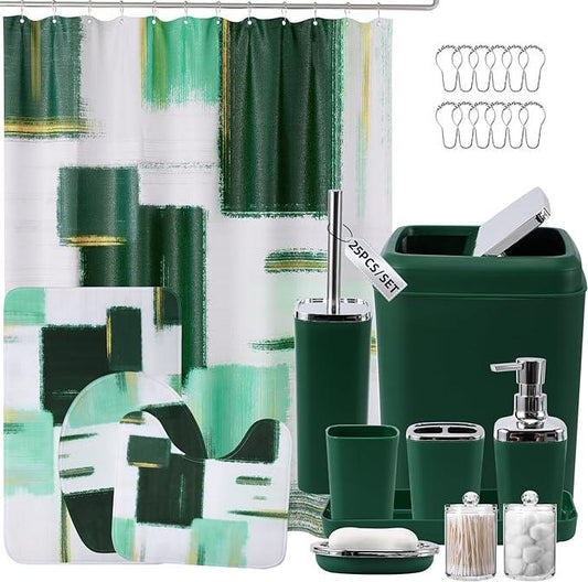 XLHOMO Bathroom Set - Dark Green Bathroom Accessories Set, Bathroom Sets with Shower Curtain and Rugs, Green Shower Curtain Set with Bathroom Trash Can, Soap Dispenser, Soap Dish for Home Decor - ModernBath