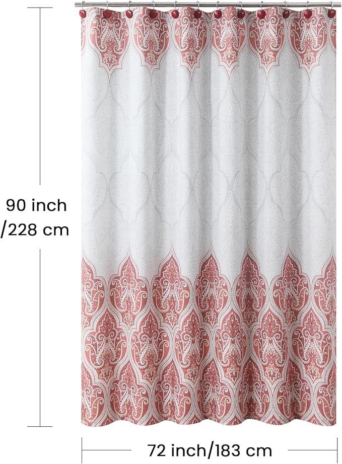 BESTRIPES 90 Inch Paisley Shower Curtain, Extra Long Water Repellent Fabric with Terracotta & Gray Bohemian Print, 12 Metal Grommets & Weighted Hem, 72x90 Inches - ModernBath