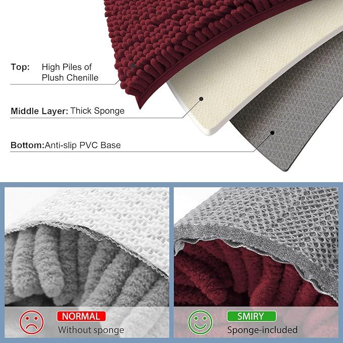 Smiry Luxury Chenille Bathroom Rugs 48x32, Extra Soft and Absorbent Shaggy Bath Mat, Machine Washable, Non-Slip Plush Carpet Runner for Tub, Shower, and Floor, Home Decor Accessories, Burgundy - ModernBath
