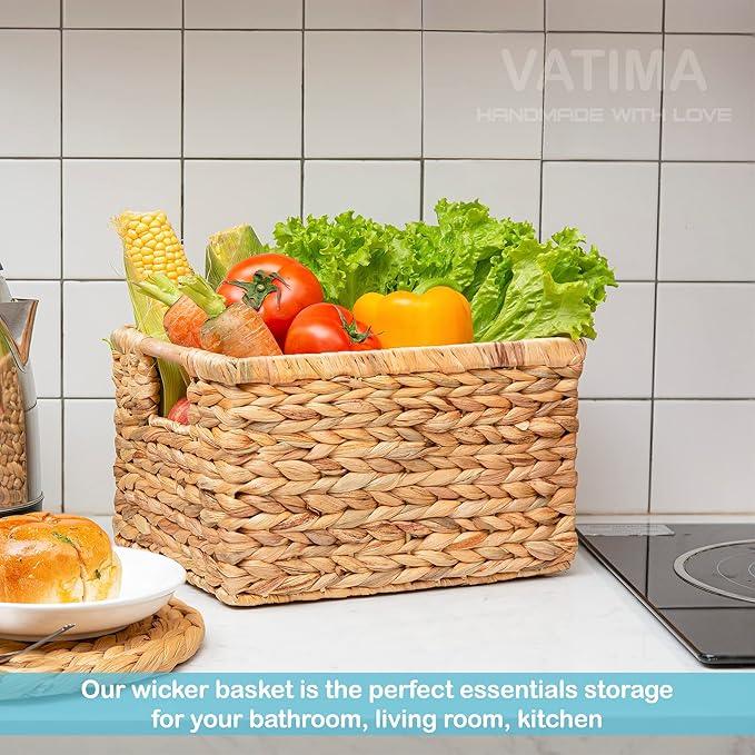 Natural Water Hyacinth storage basket with Handle, Rectangular Organizing Basket for Organizing, Decorative Wicker Storage Bins for Living Room, Medium Wicker Baskets - 3 Pack Medium - ModernBath