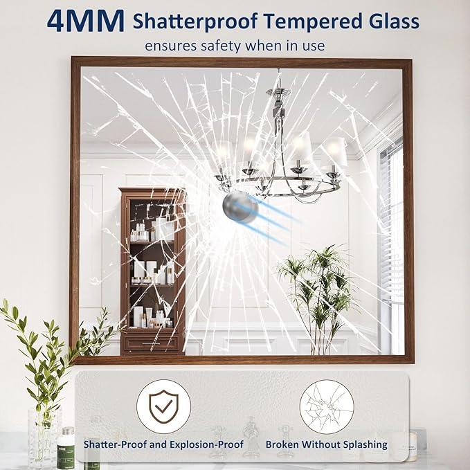 WEER Bathroom Mirror, 40x36 Inch Wall Mirror, Walnut Wood Grain Framed Mirror, Rectangle Vanity Mirror, Tempered Glass, Anti-Rust, Hangs Horizontally or Vertically - ModernBath