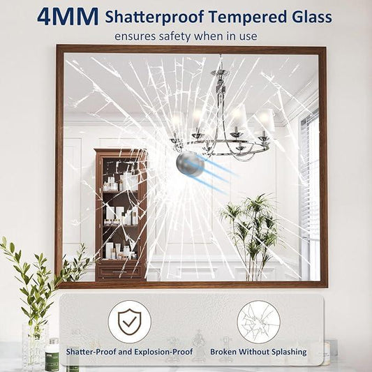 WEER Bathroom Mirror, 40x36 Inch Wall Mirror, Walnut Wood Grain Framed Mirror, Rectangle Vanity Mirror, Tempered Glass, Anti-Rust, Hangs Horizontally or Vertically - ModernBath