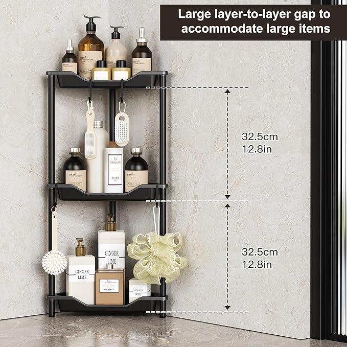 Orimade Rustproof 3 Tier Floor Standing Corner Shower Caddy Organizer, Plastic Metal Splicing Floor Corner Shelf Rack Stands for Bathroom, Black - ModernBath