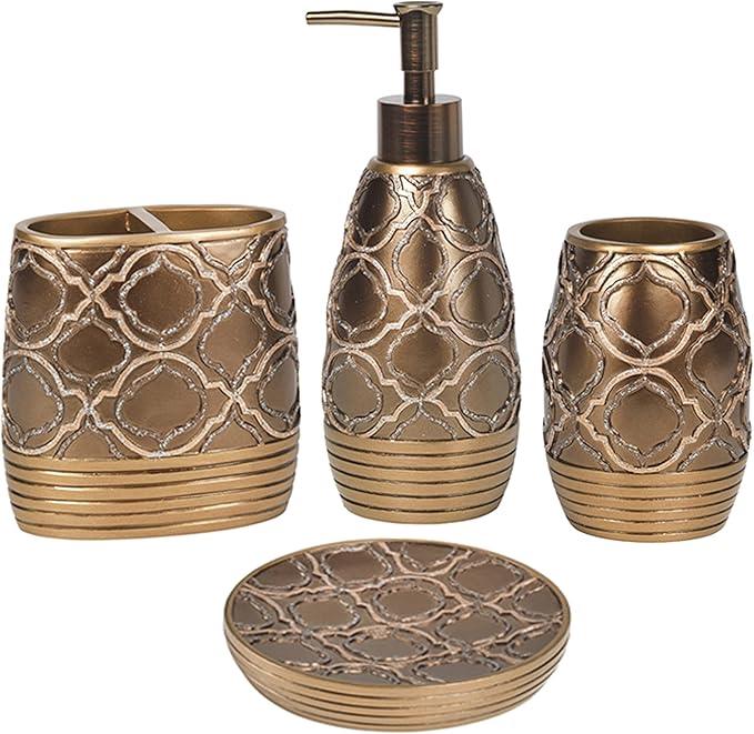 Zahari Home 4pc Spindle Stylish Bathroom Accessories Set Bathroom Soap Dispenser, Tumbler, Tooth Brush Holder and Soap Dish Modern Classic Luxury Contemporary Decor Unique Design Modern Bath Set - ModernBath