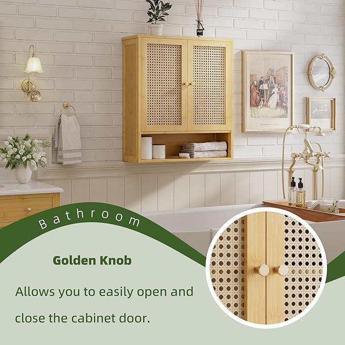 Bathroom Wall Cabinet, Bamboo Over-The-Toilet Storage Organizer with 2 Rattan Doors and Adjustable Shelf, Space Saver Medicine Cabinet for Laundry, Kitchen, Living Room (Natural) - ModernBath