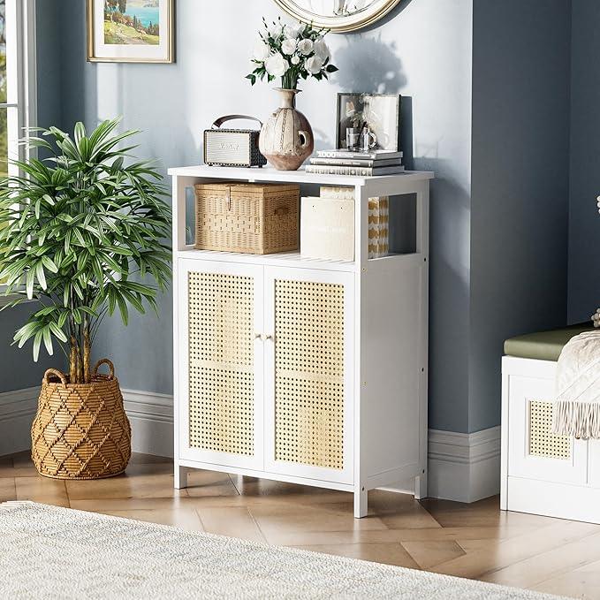 HITNET Bamboo Cabinet, Rattan Storage Cabinet with Doors, Freestanding Floor Cupboard for Bathroom, Living Room, Hallway, White - ModernBath