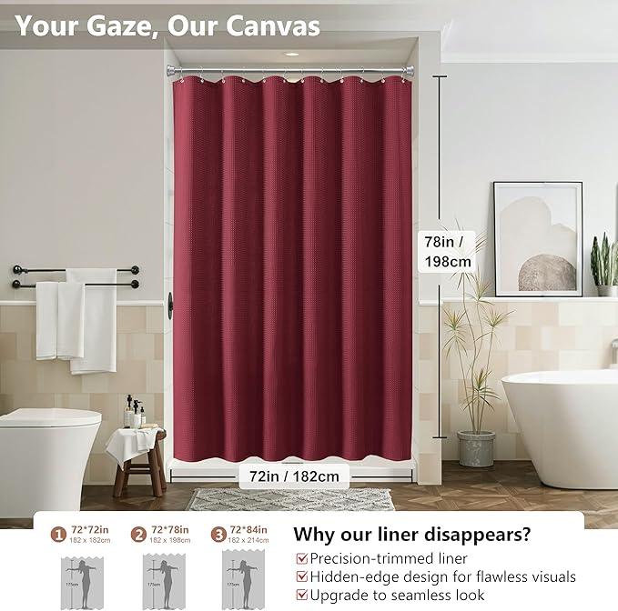Luxury 3 in 1 Shower Curtain Set 3D Textured Waffle Weave Bathroom Curtain with Waterproof SGS Certified Fabric Liner & 12 Anti-Fall Stainless Steel Hooks, Machine Washable 72"x78" (Burgundy) - ModernBath