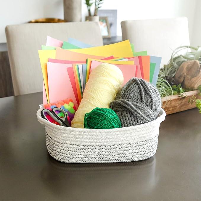 NaturalCozy 5-Piece Rectangle Storage Basket Set- Natural Cotton Rope Woven Baskets for Organizing! Small Basket for Montessori, Baby Nursery, Dog Toy Baskets, Cat Toy Box, Bathroom Organization Bin - ModernBath