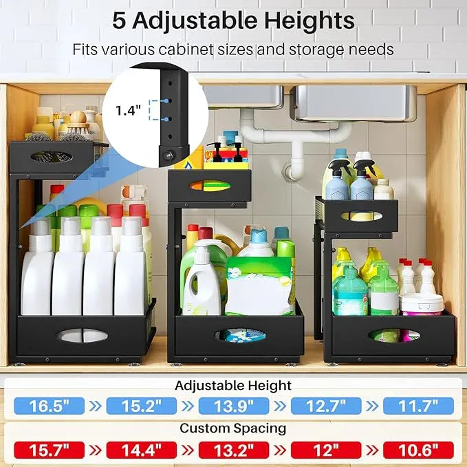 Under Sink Organizer, 2 Tier Pull Out Under Cabinet Organizer Shelf with Pad for Framed Cabinets, Metal Slide Out Under Sink Storage, Mesh Sliding Drawers for Kitchen Bathroom Laundry(Black, 1 Pack) - ModernBath