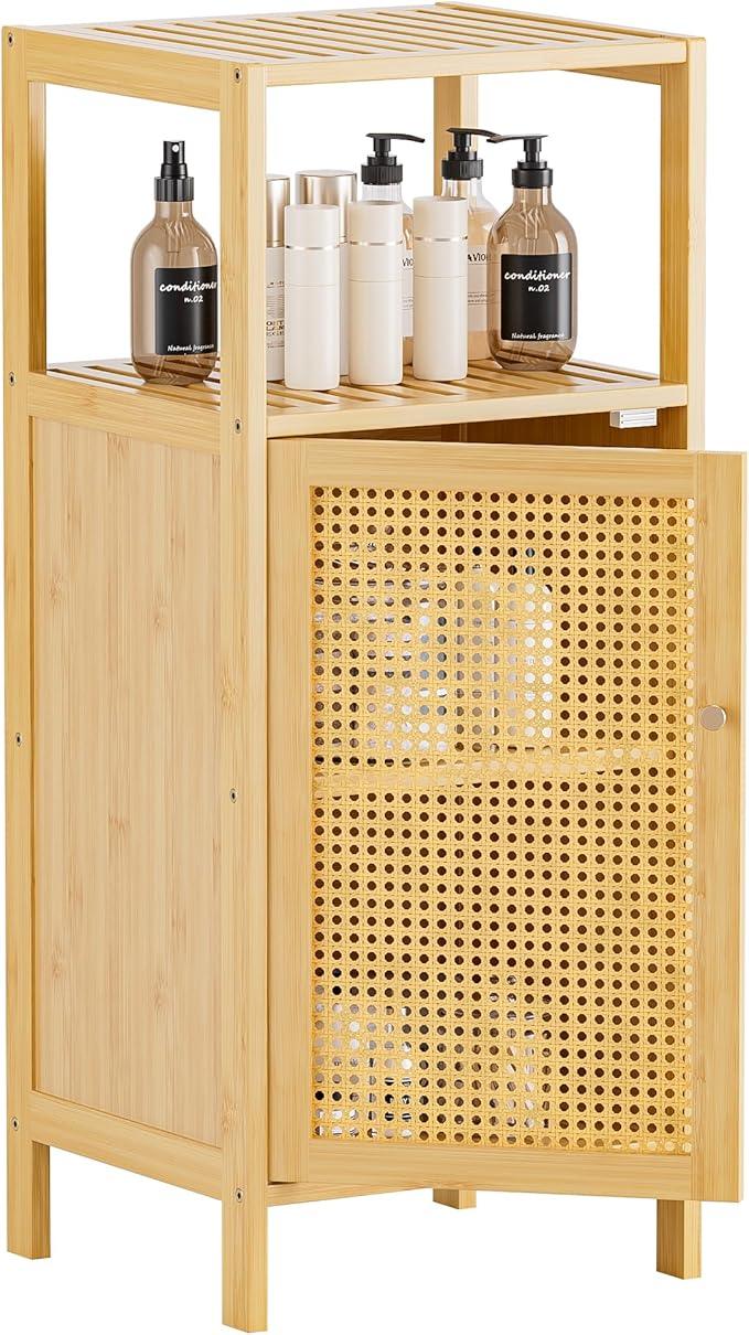 HITNET Rattan Bathroom Storage Cabinet, Small Bamboo Floor Cupboard with Door, Freestanding Narrow Side Organizer for Living Room, Kitchen, Entryway, Natural - ModernBath