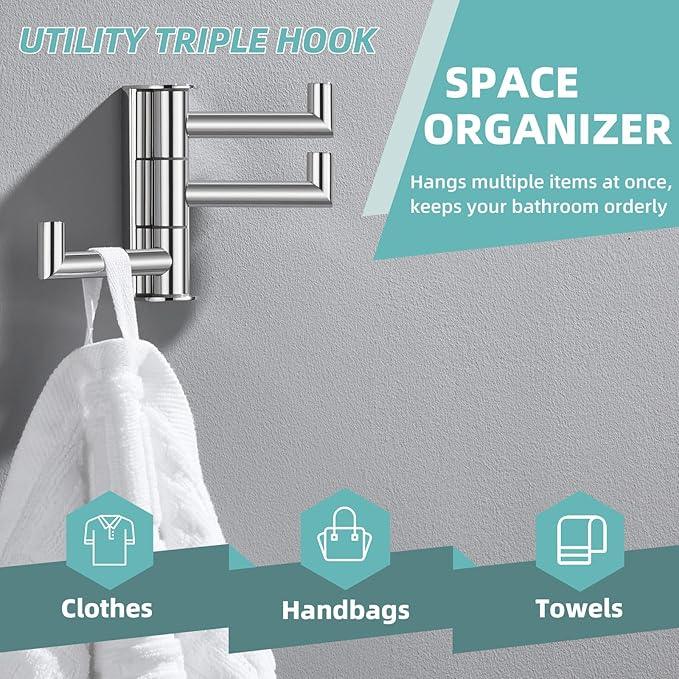 APLusee Polished Chrome Swivel Towel Hook for Bathroom, Heavy Duty 304 Stainless Steel Bathroom Wall Hook with Multi 3 Arms, Wall Mounted Towel Hanger for Kitchen Garage - ModernBath