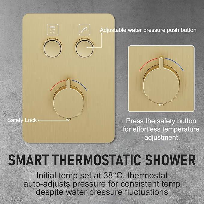 Thermostatic Shower System 13-Inch Rainfall Shower Head - 3 Setting Handheld Sprayer, Complete Bathroom Set with Faucet Mixer Trim Kit & Valve Brushed Gold - ModernBath