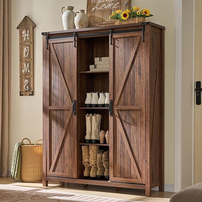 OKD Storage Cabinet with 2 Sliding Door, 7-Tier 62" Tall Farmhouse Entryway Shoe Cabinet, Freestanding Rustic Hidden Shoe Organizer for Entryway, Rustic Walnut - ModernBath