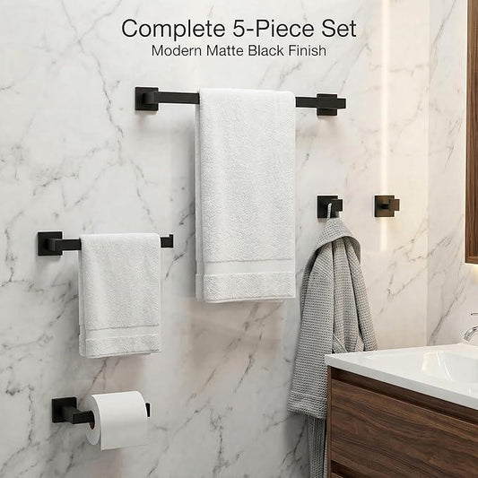5 Piece Bathroom Hardware Set Matte Black, SUS304 Stainless Steel Towel Bar Set, Modern Square Accessories with 16 Inch Rack Toilet Paper Holder Robe Hooks (Matte Black) - ModernBath