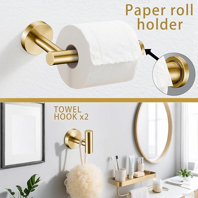 5 Pieces Brushed Gold Bathroom Hardware Accessories Set, SUS304 Stainless Steel 24 Inch Bath Towel Bar Set, Round Bathroom Towel Holder Set, Towel Racks for Bathroom Wall Mounted - ModernBath