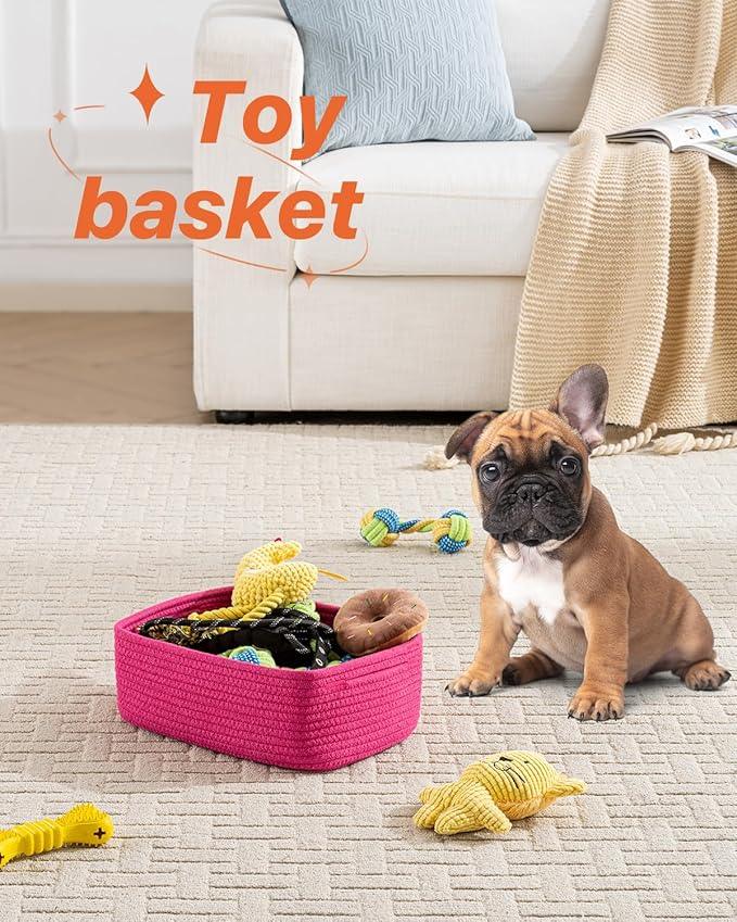 Small Woven Basket, 12 x 8 x 4.5 Inches, Storage Basket for Organizing, Cute Small Rope Shelf Closet Cube Storage Bins Baskets for Shelves, Dog Toy Gift Baskets Empty, 3 Packs, Hot Pink - ModernBath