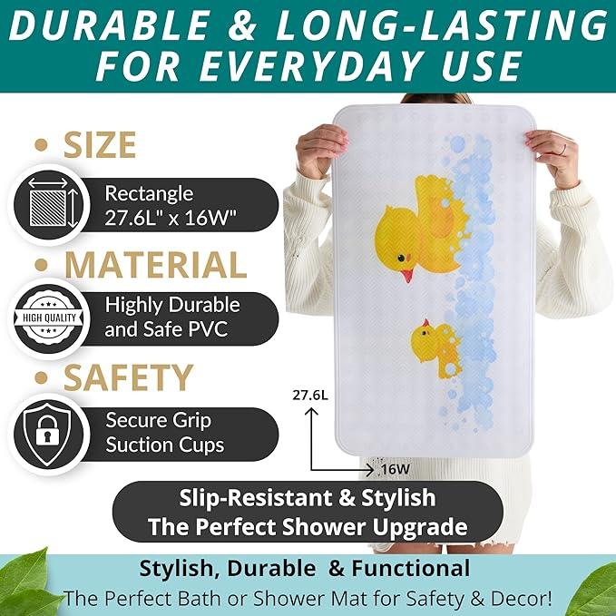 ENKOSI Non Slip Bath Mat for Tub and Shower Floors – Anti Slip Shower Mat with Strong Secure Suction Cup Grip – Rubber Duck Print for Kids and Toddlers for Inside Bathroom Bathtub (28x16 Duck) - ModernBath