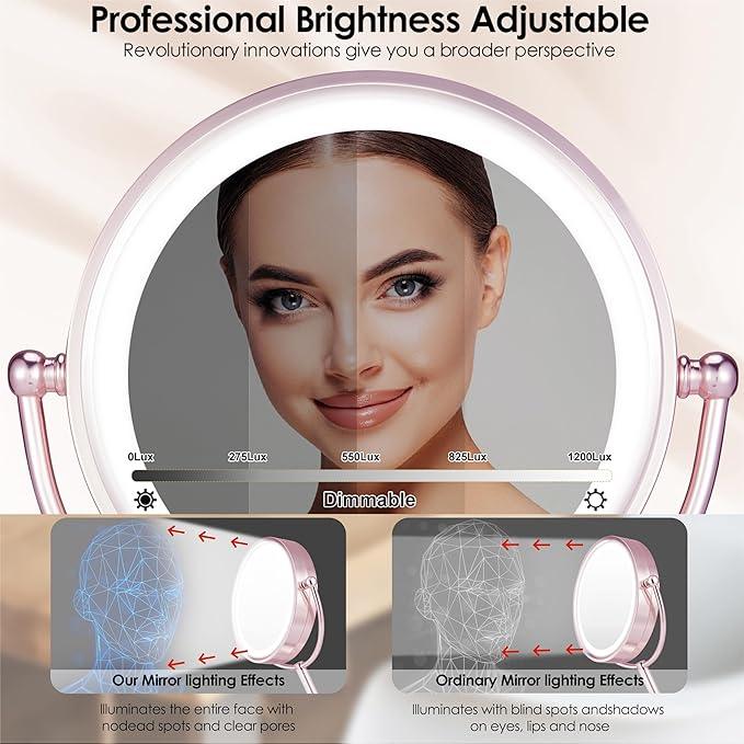 VESAUR Lighted Makeup Mirror Rose Gold Nickel, Double Sided 1X/10X HD Undistorted Magnifying Mirror, 8.5" Vanity Mirror with 3 Colors Dimmable 90 Bright LEDs, 360°Swivel Two Power Supply, Luxury Gifts - ModernBath