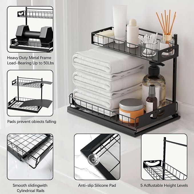 Under Sink Organizer with Pull-Out Drawers,Kitchen Sink Organizer,2 Tier Bathroom Organizers And Storage,Bathroom Accessories Set,Black 2 Pack - ModernBath