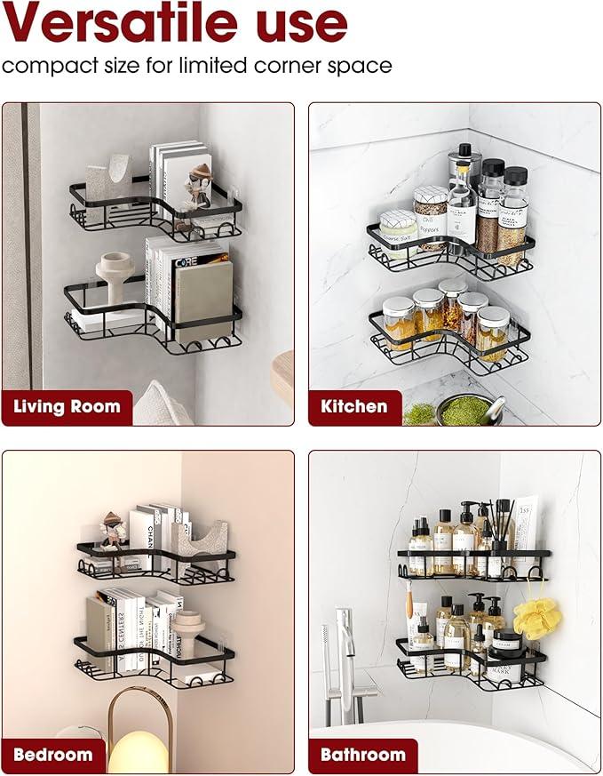 Corner Shower Caddy - 2 Pack, Adhesive Shower Organizers, Rustproof Stainless Steel Shower Shelves with 8 Hooks, No Drilling Bathroom Organizers and Storage Racks, Space-Saving, Black,Medium - ModernBath
