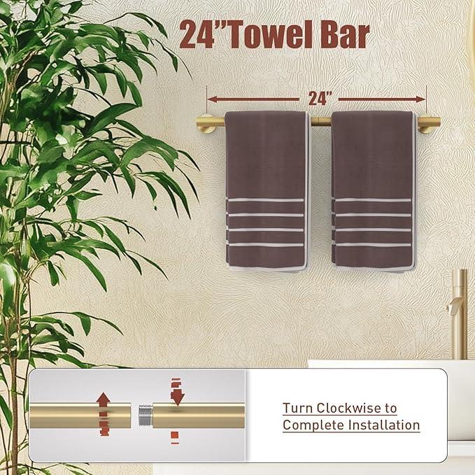 Brushed Gold Towel Bar Set, 24 Inch Bathroom Accessories Set, Wall Mounted Bathroom Hardware Set, Durable SUS304 Stainless Steel, 5-Piece - ModernBath