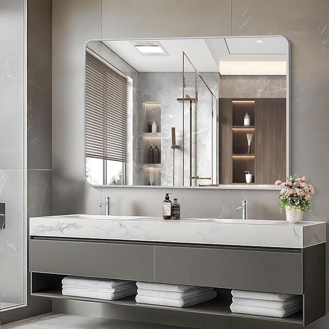 CIVENO 48x36 Inch Silver Bathroom Mirror, Large Rectangular Vanity Mirror, Metal Framed Rectangle Mirrors, Rounded Corner Wall Mounted Mirrors for Living Room Bedroom Entryway Horizontal or Vertical - ModernBath