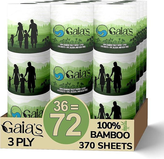 Gaias Premium and Soft Organic Bamboo Toilet Paper | 36 Mega Rolls, 3 Ply, 370 Sheets | FSC Certified, PFAS & BPA Free, Eco-Friendly, Sustainable Tissue - Plastic Free, Septic Safe, Vegan - ModernBath