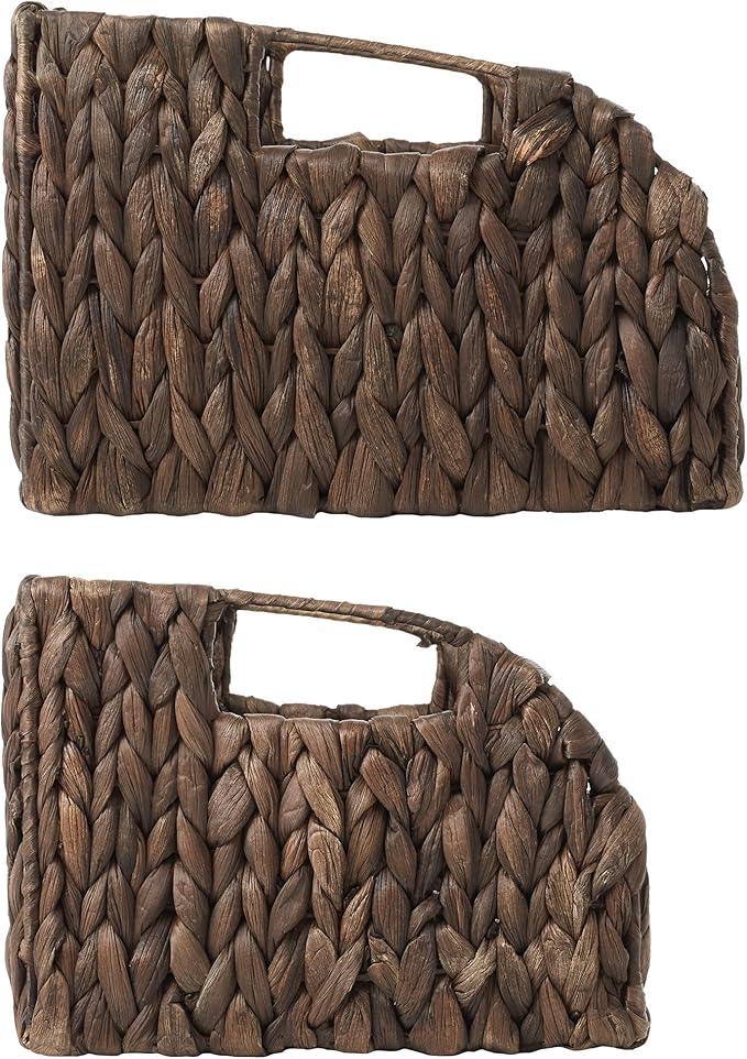 Casafield Set of 2 Water Hyacinth Pantry Baskets with Handles - Espresso, Woven Storage Bin Organizers for Kitchen Shelves, Medium and Large Sizes - ModernBath