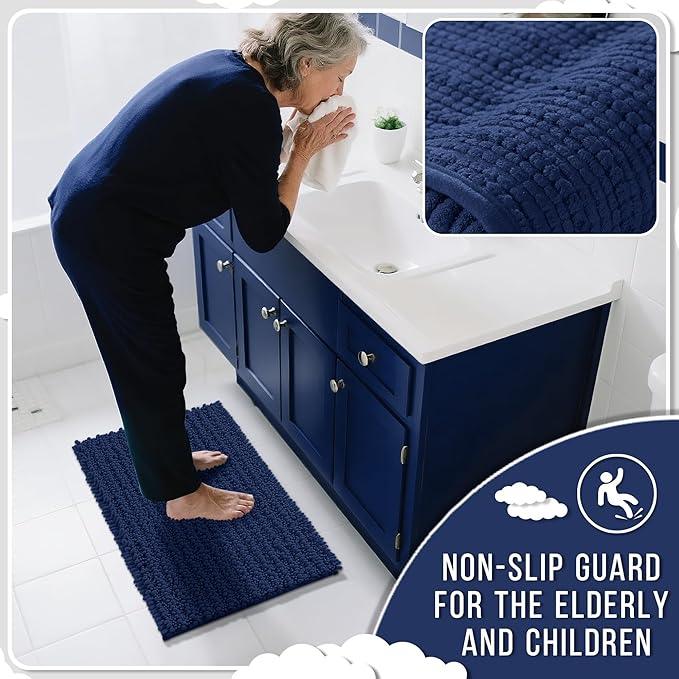 Yimobra Long Bathroom Rugs Non Slip Washable 44x24 Inch - Ultra Soft Absorbent Chenille Bath Mat, Quick Dry Shaggy Floor Carpet for Tub Shower, Navy Blue Home Decor Accessories - ModernBath