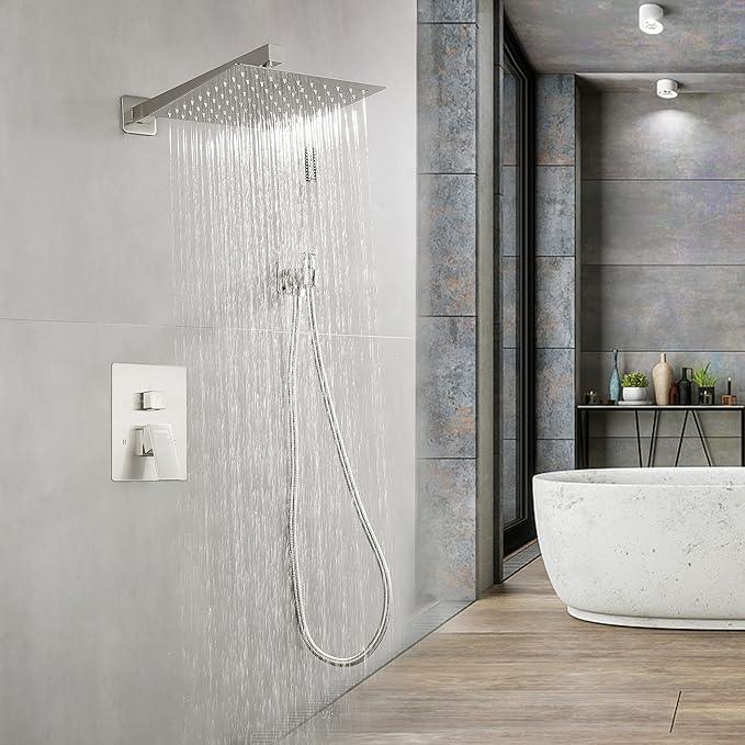 Fransiton Shower Faucet set with Shower head 12 Inches Rainfall Shower Head and Handle Set Single Handle Wall Mounted Shower System Set with Female Threads Valve Body(Brushed Nickel) - ModernBath