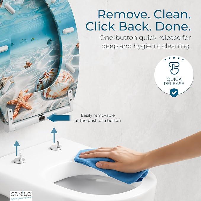 Sanilo Wooden Toilet Seat with Quick Release & Soft Close [ELONGATED] - Decorative & Slow Close Molded Wood Seat - With One Click for Easy Installation & Cleaning - With Adjustable Fit (Waterworld) - ModernBath