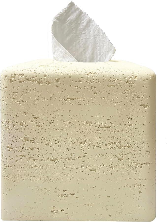 Huitony Marble Tissue Box Cover Square Decorative Stone Klenex Box Holder for Bathroom & Living Room with Handcrafted Texture (Beige Yellow) - ModernBath