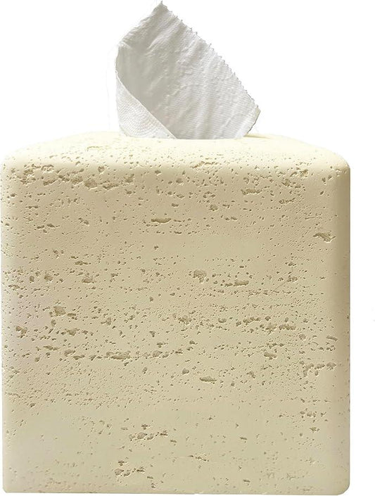 Huitony Marble Tissue Box Cover Square Decorative Stone Klenex Box Holder for Bathroom & Living Room with Handcrafted Texture (Beige Yellow) - ModernBath