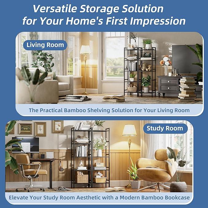 HITNET 5 Tier Narrow Bookshelf, Bamboo Bookcase, Slim Tall Storage Rack Free Standing Shelving Unit with Adjustable Shelves for Living Room Bedroom Bathroom, Black - ModernBath