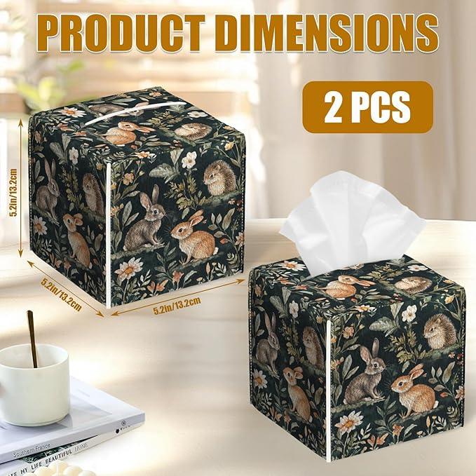 Woodland Animal Tissue Box Cover 2PCS, Rabbit Hedgehog Leather Tissue Box Holder Square Facial Paper Case Tissue Box Cube Organizer for Bathroom Bedroom Desk Office - ModernBath