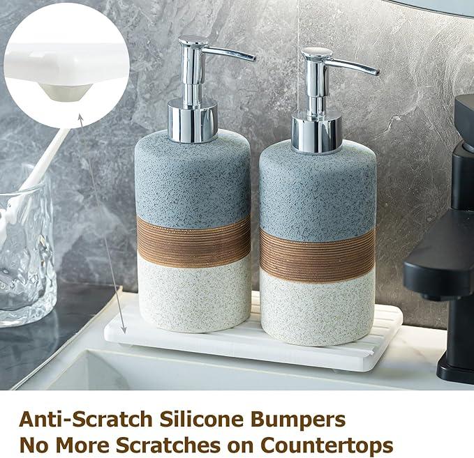 Cormomu Ceramic Soap Dispenser Set(2 Pack) – Hand Soap, Dish Soap, Shampoo & Shower Soap Dispenser for Bathroom & Kitchen, Stainless Steel Pump, Includes Silicone Funnel & Diatomaceous Tray, Gray - ModernBath