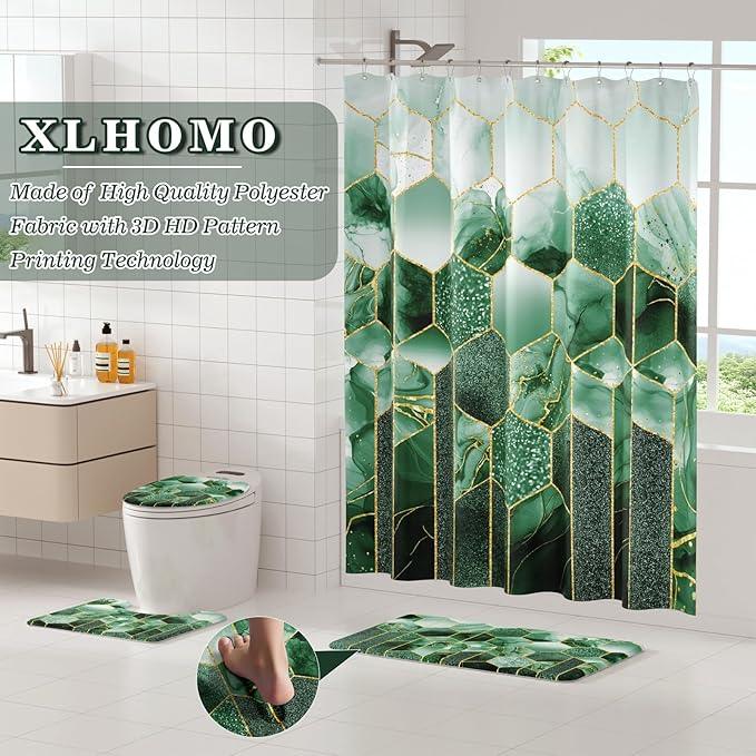 XLHOMO Bathroom Sets with Shower Curtain and Rugs - 4PC Green Geometric Shower Curtain Set with 12 Hooks, Toilet Cover, U-Shaped Mat and Rugs Modern Abstract Bathroom Accessories for Bathroom - ModernBath
