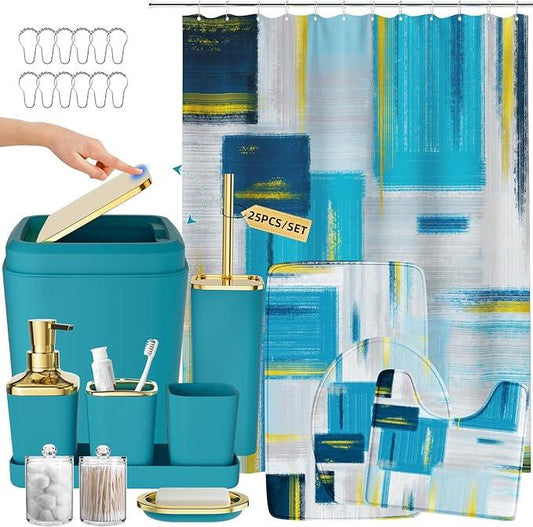 XLHOMO Bathroom Accessories Set - 25PC Bathroom Set with Shower Curtain and Rugs, Teal Blue Bathroom Set, Bathroom Accessory Set with Press-on Lid Trash Can, Soap Dispenser and Qtip Holders - ModernBath