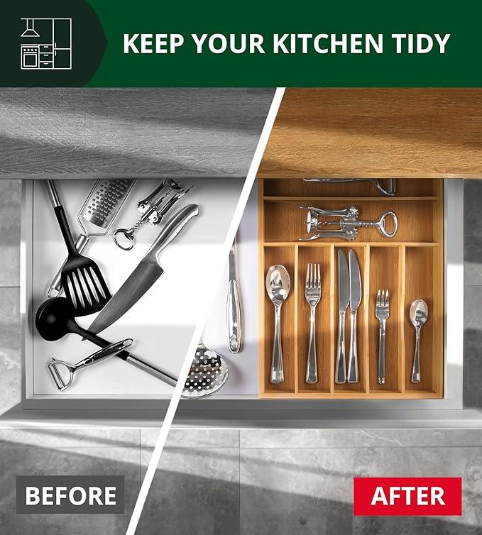 ROYAL CRAFT WOOD Luxury Bamboo Utensil Rack and Silverware Organizer, Kitchen Drawer Organizer - Utensil Holder and Cutlery Tray with Grooved Drawer Dividers for Flatware 7 Slot, Natural - ModernBath